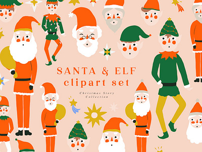 Santa Elf Christmas Vector Illustrations Xmas card cards christmas claus decor elements elf gifts illustrations santa snow snowflakes stars vector winter xmas