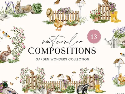 Watercolor Compositions Garden Animals Plants animals baby card compositions duck floral flowers fox garden gardening invitation nursery plants rabbit watercolor