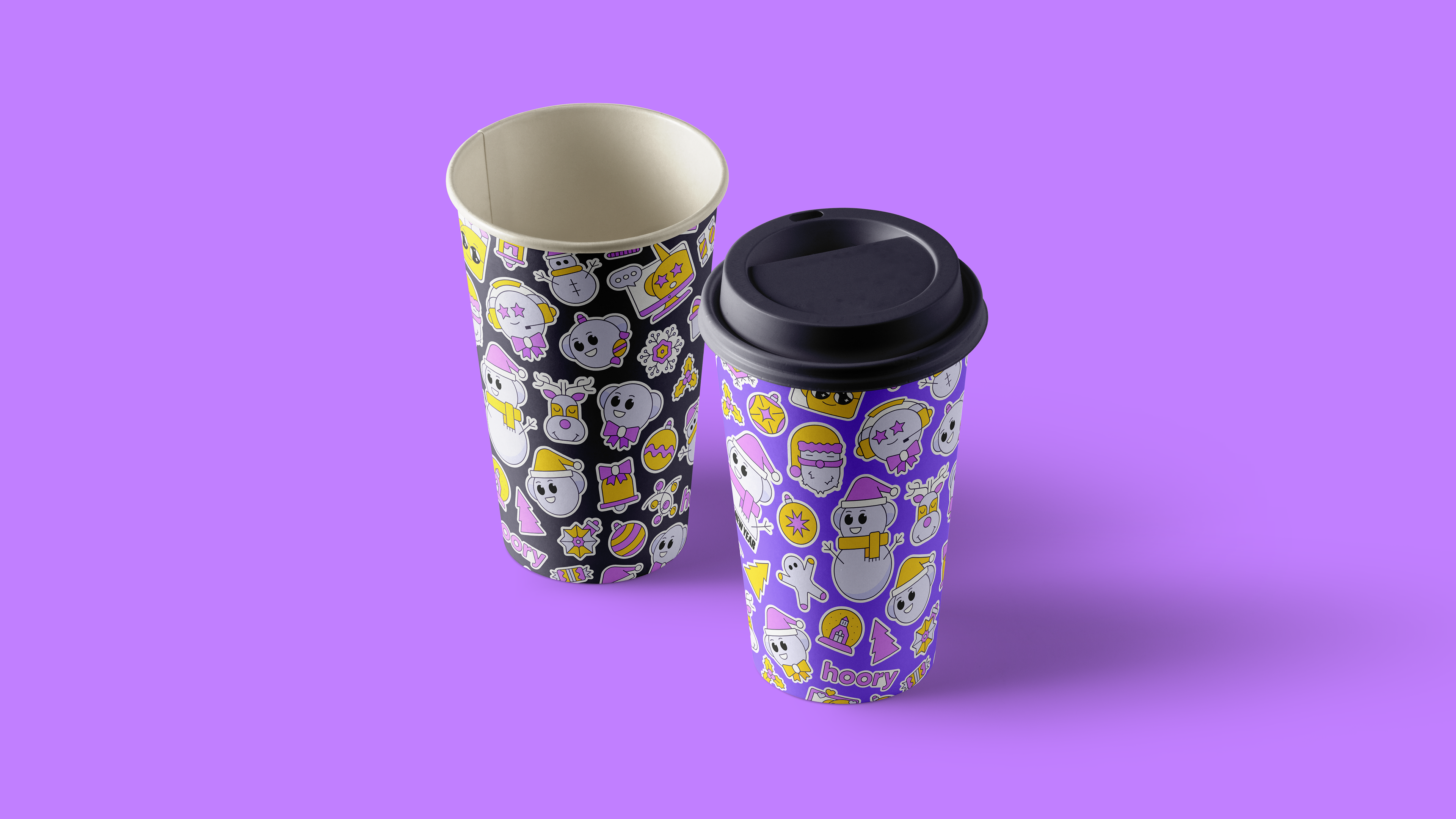 Hoory Christmas Pack 🎁 ai assistant character design christmas christmas pack colorful cup design graphic design holidays illustration lineart merchandise notebook patterns snowman socks tote bags winter xmas