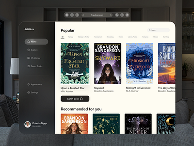 AudioVerse - Audiobook Website Concept For Vision Pro👩🏻‍💻 apple apple vision pro ar design audiobook app audiobook website augmented reality books app figma ios mixed reality safari spatial spatial ui ui uidesign uiux ux virtual reality vision pro vr