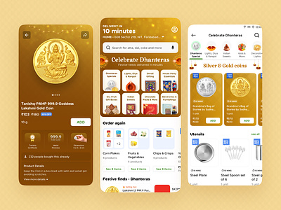 Its festive time - Dhanteras animation application celebration coins delivery in minutes dhanteras eta festival graphic design home information mobile screen motion graphics product cards product design product details ui