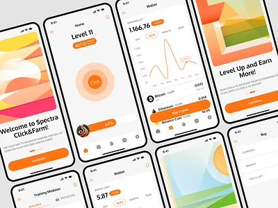 Crypto clicker app design concept analytics app design blockchain clicker crypto currency design finance game graph graphic design grid light theme minimalism mobile notes orange planner ui ux
