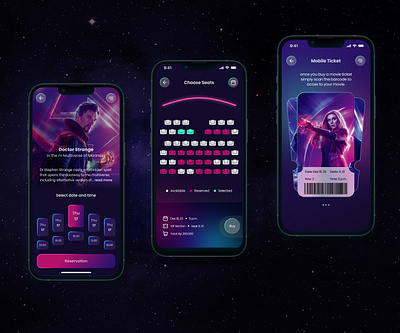 CINEMA TICKET BOOKING APPLICATION apps booking cinema futuristic design marvel mobile mobile apps ticket ui ux