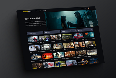 Streamberry - Content Streaming Platform - Content Category Page banner content category page dark mode desktop film filtering movie online searching selection sorting streaming subpage ui user interface design website