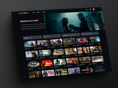Streamberry - Content Streaming Platform - Content Category Page banner content category page dark mode desktop film filtering movie online searching selection sorting streaming subpage ui user interface design website