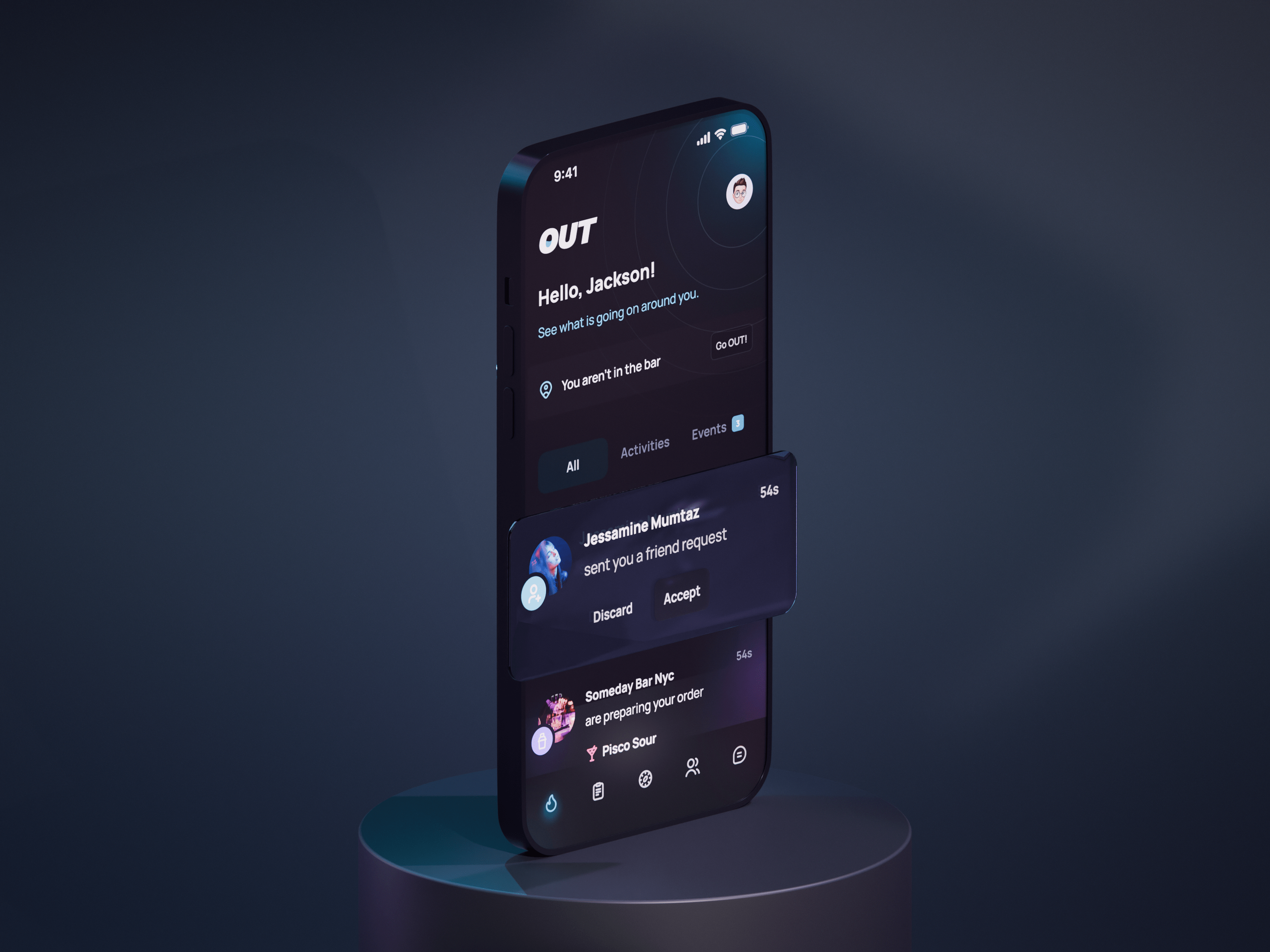 OUT App 3d modeling bar beer design system drink feed figma friends map martini mobile mobile app news feed order party ui vodka