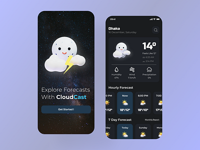 Weather Forecasting Mobile App app app design cloud dark dark theme design forecast humidity location mobile mobile app mobile ui rain sunny ui ux weather weather app