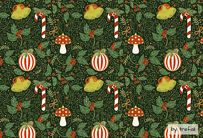 Chriatmas ornaments and holly seamless pattern christmas design digital art digital illustration festive pattern graphic design holiday holly illustration pattern pattern desingn seamless pattern surface pattern wrapping paper