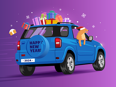 a car with gifts auto blue car christmas cute dog gift gifts graphic design happy illustration new year present puppy rav4 snow toyota