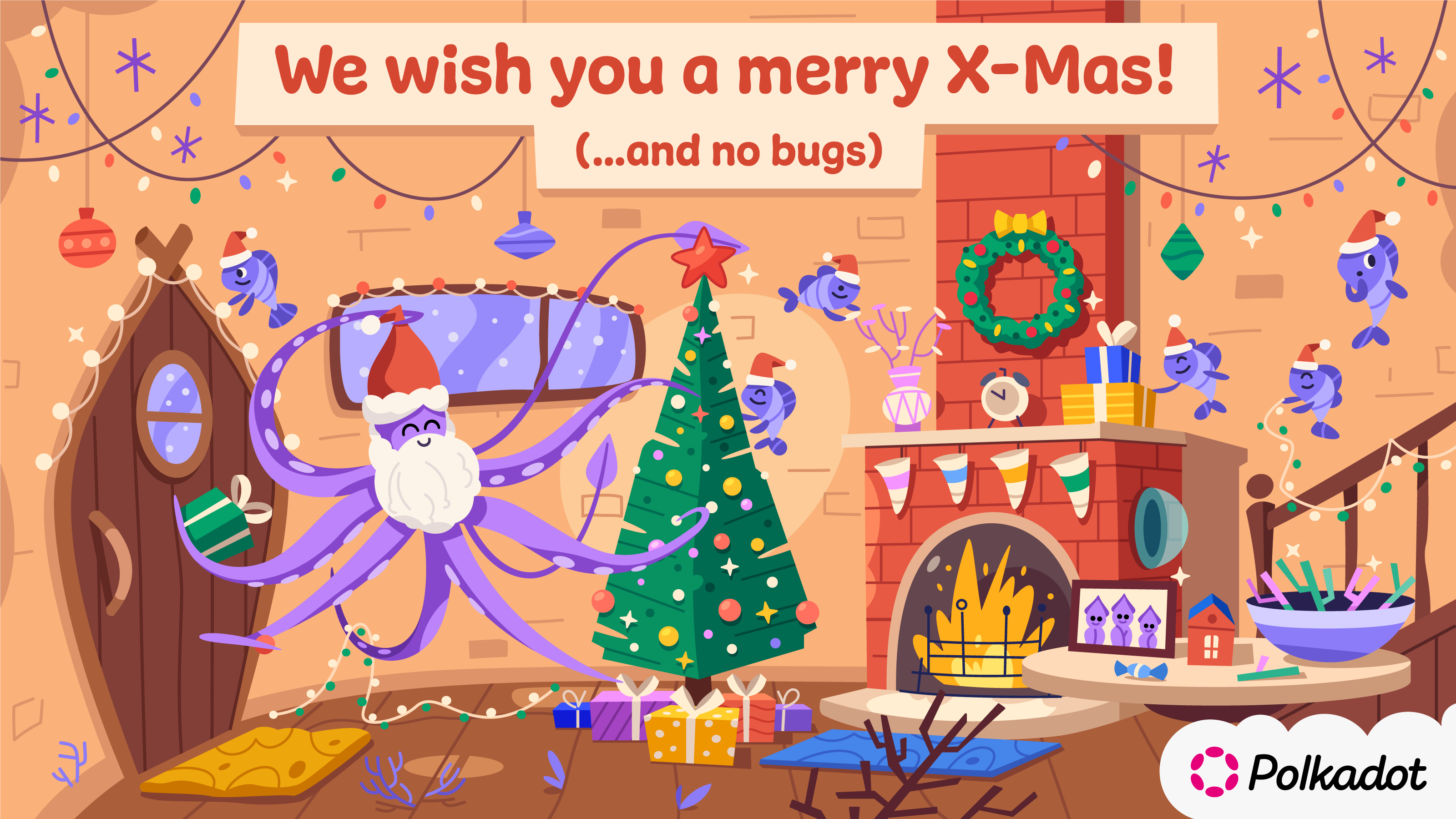 Merry Squidmas! art cartoon celebration character christmas decorations design fireplace illustration squid tree vector x mas