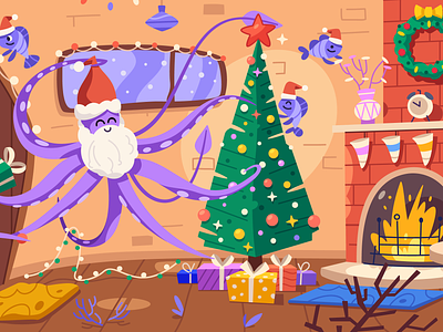 Merry Squidmas! art cartoon celebration character christmas decorations design fireplace illustration squid tree vector x mas
