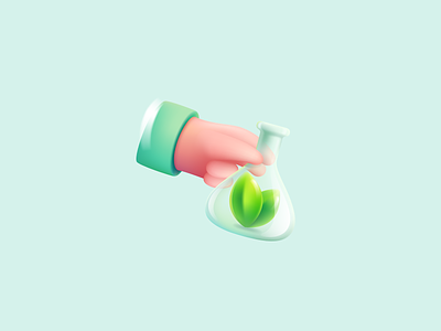 Hand of scientist holding chemical cone flask with green leaves 3d branding chemical design eco emoticon flask hand icon illustration leaf leaves logo mark mesh realistic scientist ui vector