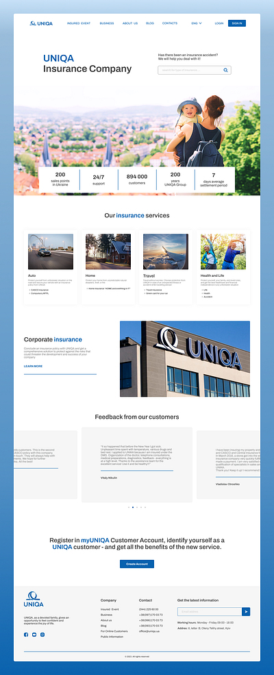 UNIQA Insurance Company Landing Page blue color clean corporate design desktop home home page insurance company landing page site ui ux web page web ui ux design website