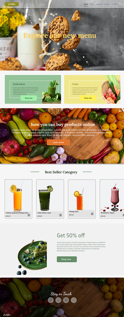 Landing page for a juice and pastries shop