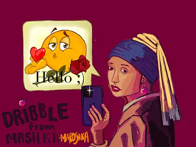 Hello Dribbble ;) girl with a pearl earning graphic design hello dribbble illustration