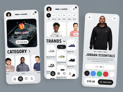 Dark – Slancer – Mobile App Ecommerce Fashion android app branding clear creative ecommerce interface ios mobile nike product ui
