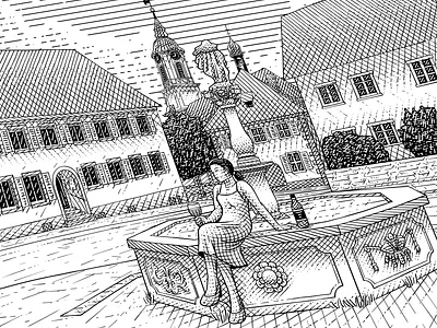 Pensive Woman at the Fountain bottle label branding engrave engraving illustration label design label wine product design retro vintage visual identity wine