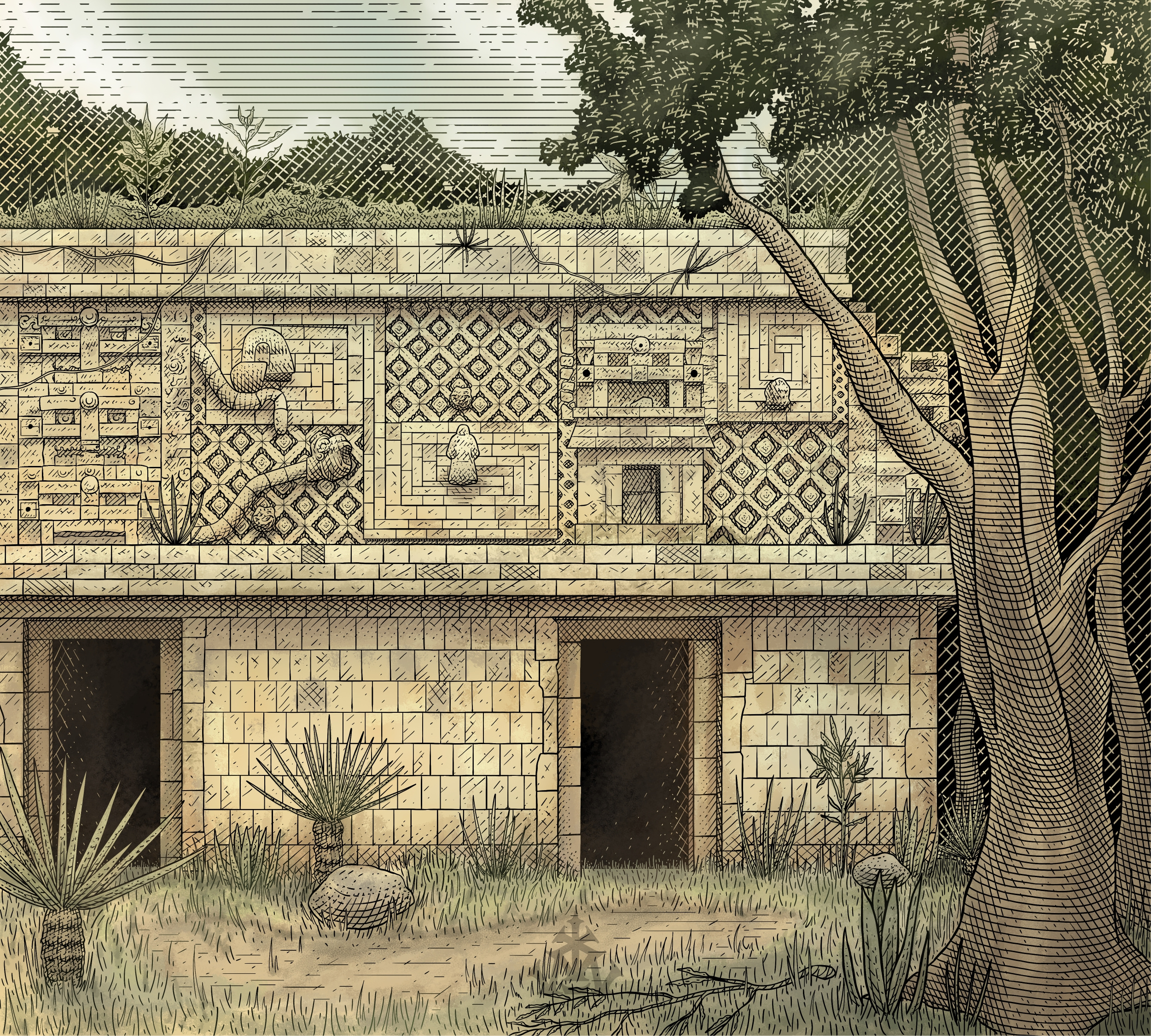 Temple illustration engrave etching illustration intaglio landscape money engraving nature printmaking retro temple vintage woodcut