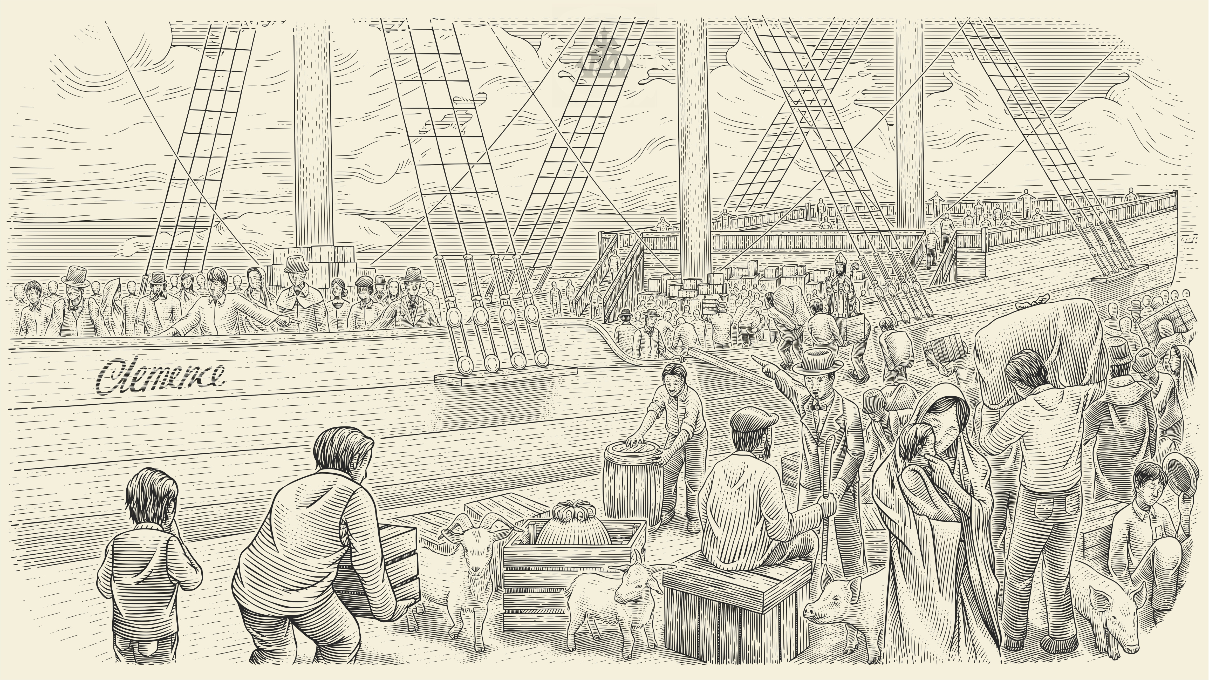 The Busyness of the Port in the Past book illustration calendar design engrave engraving etching graphic art intaglio money engraving narrative illustration printmaking retro vintage woodcut