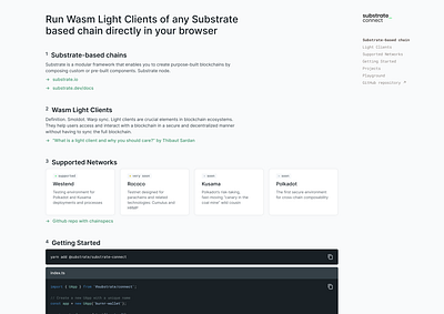 Substrate Connect website blockchain developer tools documentation features footer minimalist terminal typography website