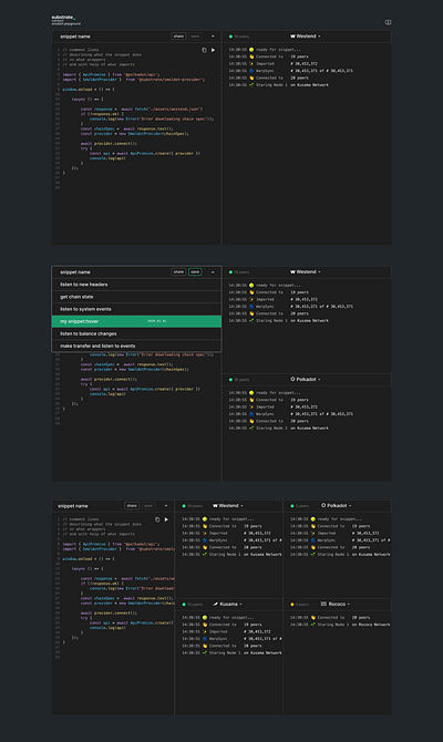 API playground api blockchain code connection developer environment developer tools network product design save select select share dialog snippet terminal