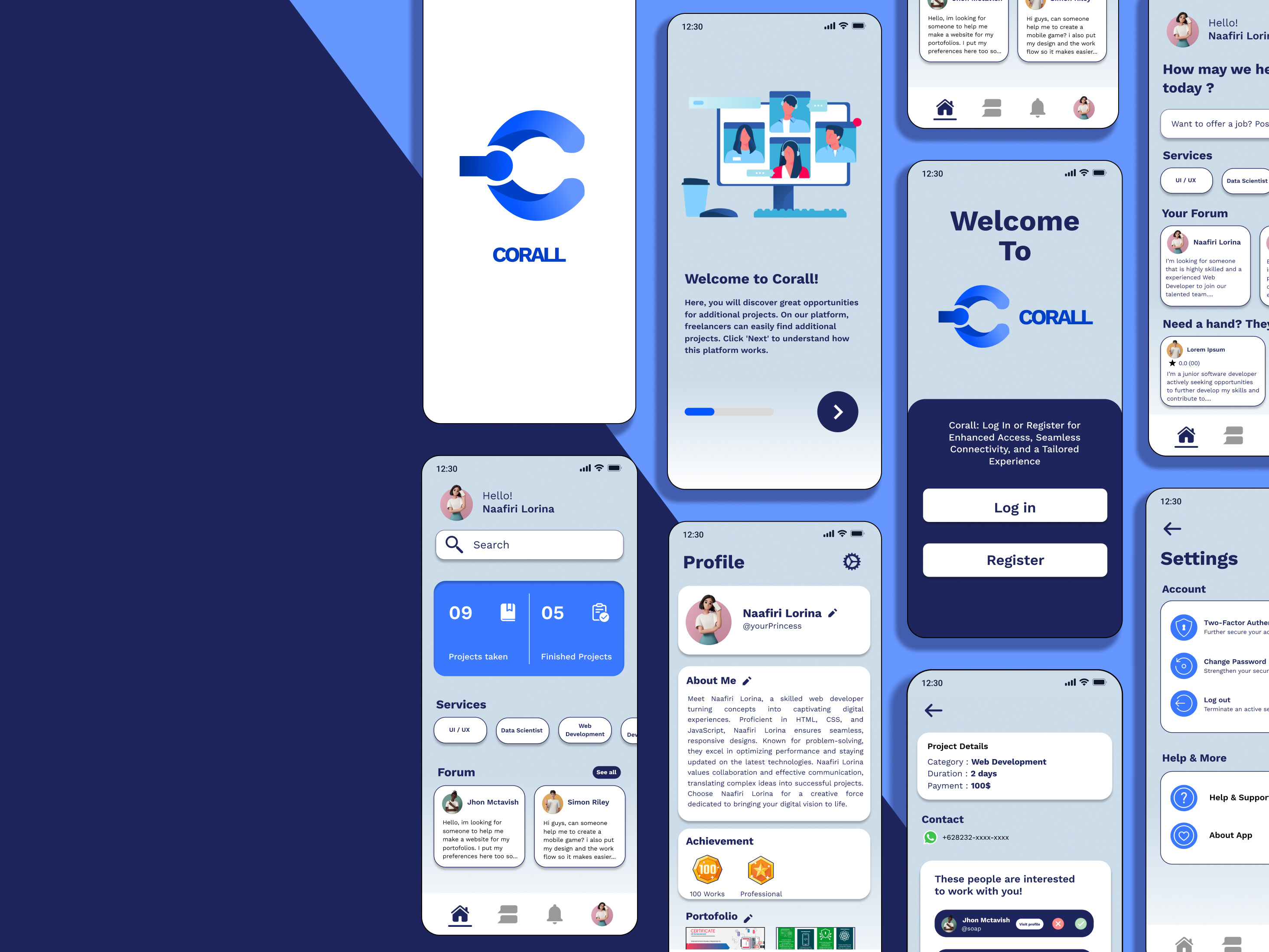 CORALL - Mobile UI app blue branding competition design from graphic design mobile app mobile ui motion graphics projects ui