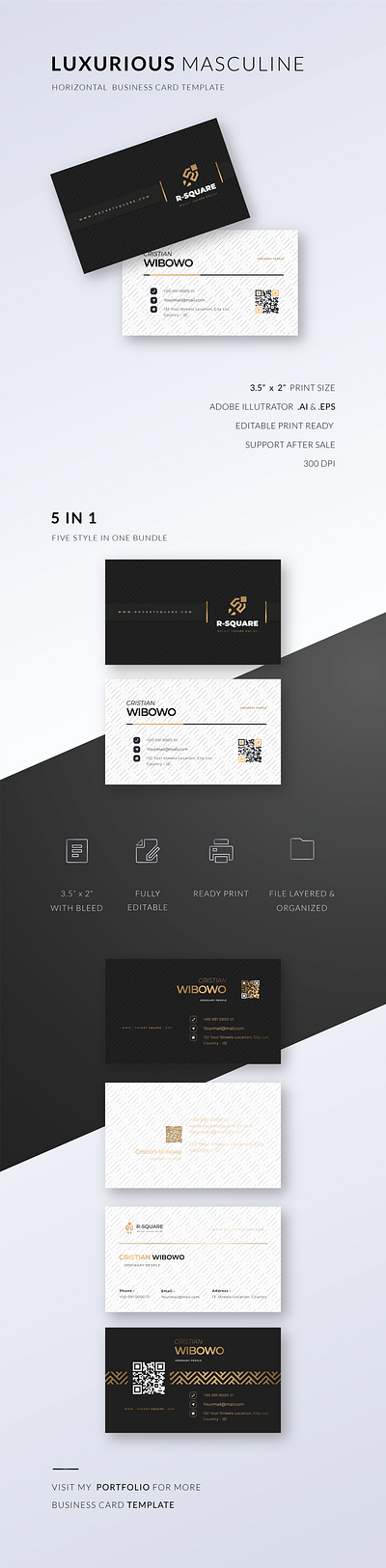 LUXURIOUS MASCULINE BUSINESS CARD TEMPLATE black branding business business card card design editable glossy gold icon logo luxurious luxury masculine modern professional template vector white