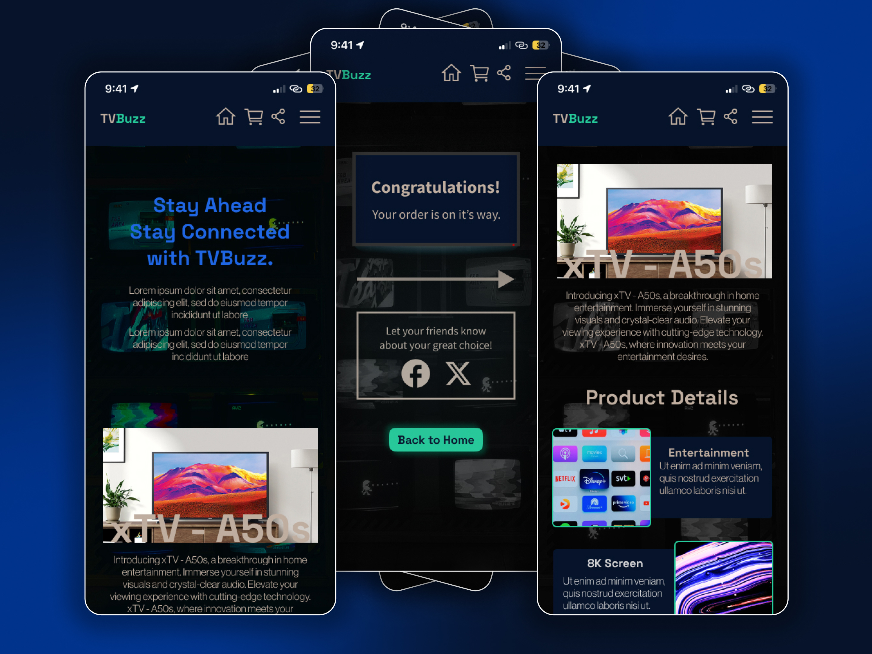 TVBuzz - Mobile UI 3d add app application branding cart graphic design happy online online shop payment product shop shoppin television tv ui