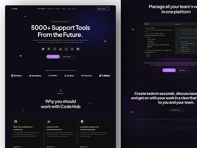 CodeHUB - Development Tools Landing Page ai code code tools dark darkmode development gradient illustration landing landingpage page platform sourcecode tools ui ui ux uidesign userinterface web web design