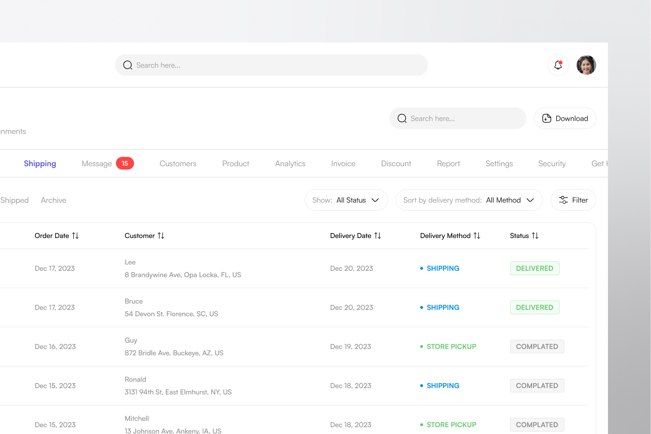 great.sale - SaaS Sales Shipping Page clean crm dashboard dashboard design delivery design filter list management pick up saas saas design sales dashboard shipping shipping page ui uiuxdesign ux
