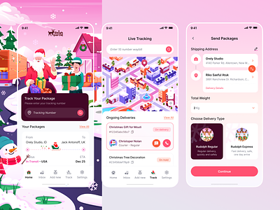 Sleigh Parcel Mobile App 🛷 app branding clean delivery design elf illustration isometric logo mobile north pole orely package santa shipment shipping sleigh snowman tracking ui