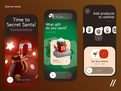 Secret Santa Mobile iOS App 3d 3d art app app design app interaction dark theme dashboard design gift icon illustration interface mobile product design ui ux wishlist