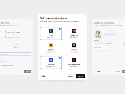 Onboarding modals — Untitled UI create account form integrations log in login onboarding product design sign up signup ui design user user interface