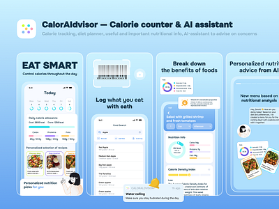 CalorAIdvisor — Calorie counter & AI assistant ai ai assistant calorie counter calories eat food hearth logo mental hearth smartfood ui