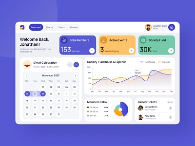 Society Management Web Portal calendar chart clean dashboard event graphic design management minimalism moderndesign panel simple statistics ui ux web webdesign