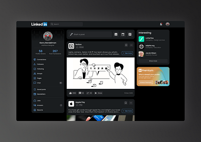 Linkedin Desktop Interface Concept concept dark mode dark theme feed interface layout linkedin navigation product product design redesign saas social media ui user experience user interface ux web