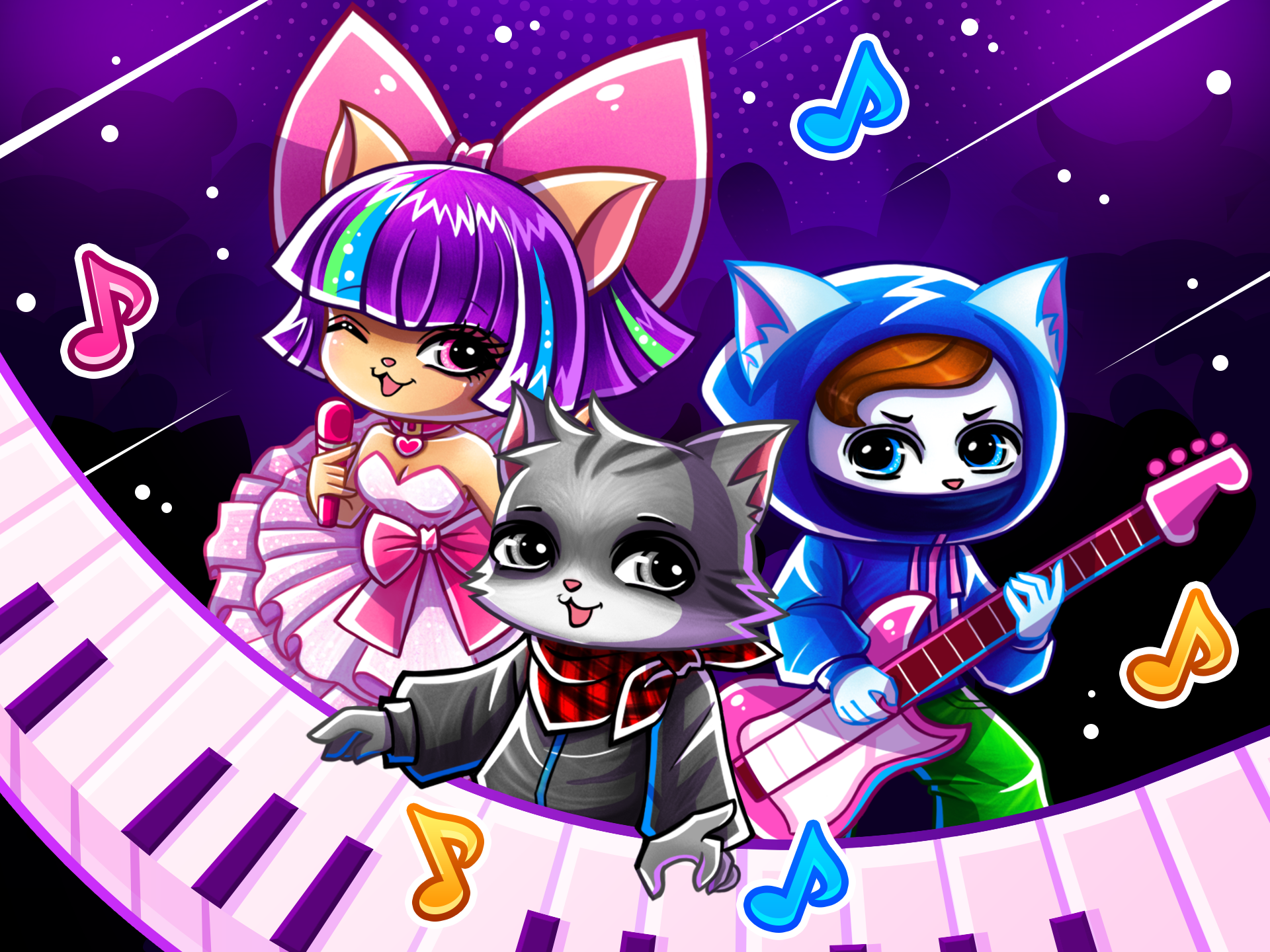 Piano Cat Tiles: Splashscreen band cat character design guitar illustration kitty mobile game music music band music game musical piano piano game piano tiles splashcreen tiles