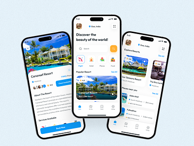 Travel App app ui explore places flight booking hotel booking interaction mobile design mobile ui places resort travel app travel booking travel places travel the world ui ui design visual design