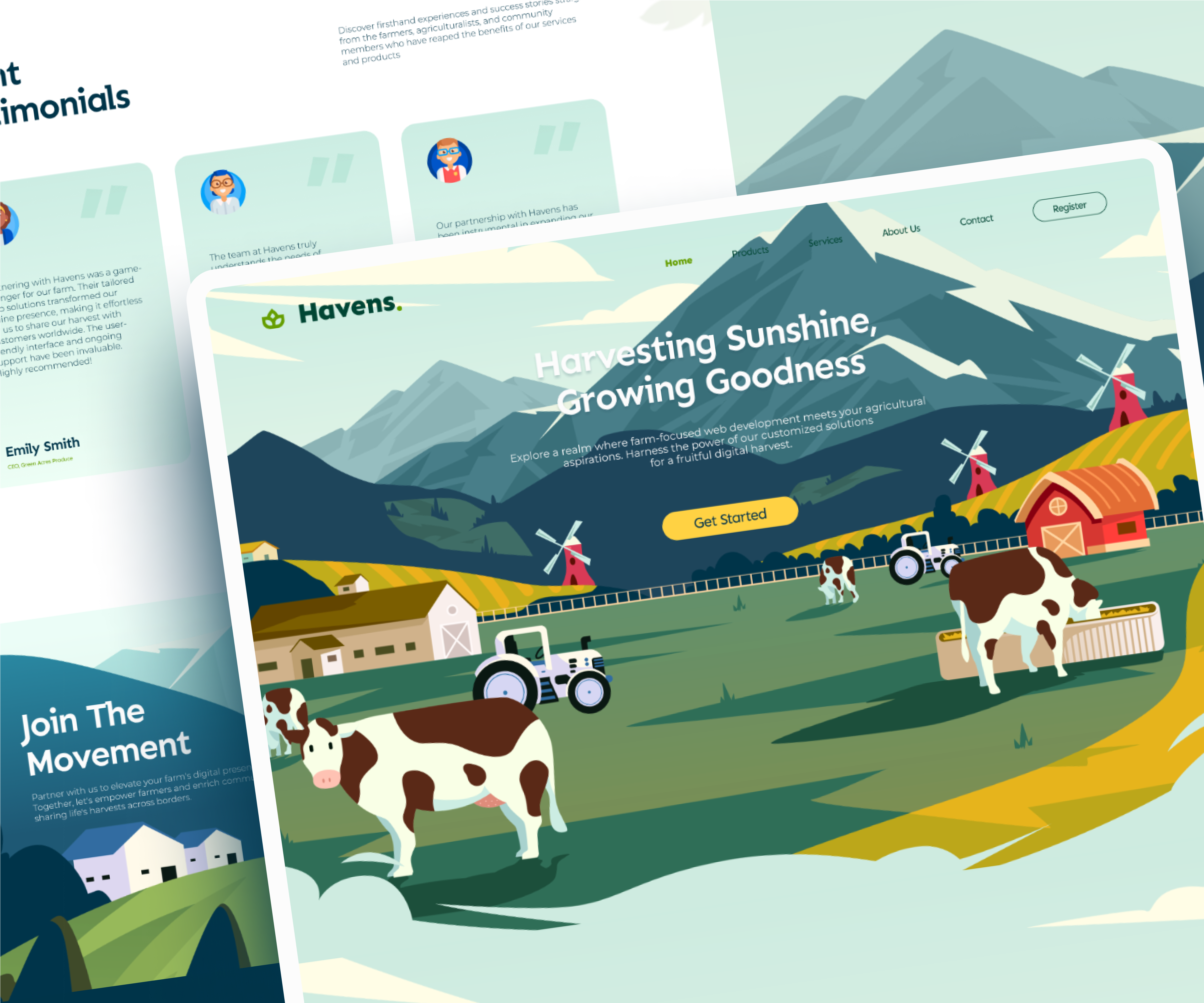 Havens - Farmer's Website Landing Page branding design farmer figma flat illustration graphic design green illustration landing page mountain nature ui uiux ux website