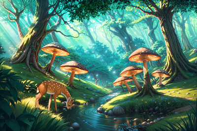 Majestic Deer in Enchanting Fantasy Forest environment fantasy art graphic design illustration landscape design