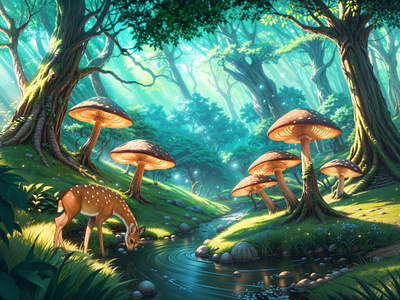 Majestic Deer in Enchanting Fantasy Forest environment fantasy art graphic design illustration landscape design