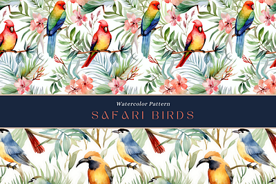Safari Birds Watercolor Patterns Set background design graphic design illustration pattern seamless