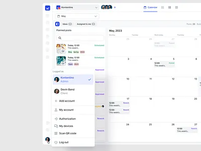 Updated dropdown user menu in Kontentino account buffer calendar dropdown hootsuite kontentino login logout media channels posts management schedule settings social management tool ui user user management user menu ux webapp