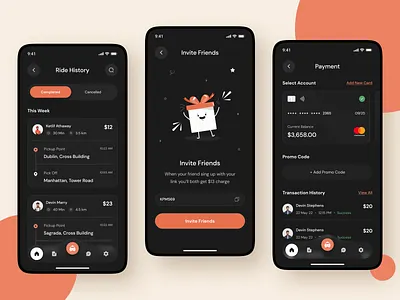 Wallet and Transaction History, Ride Details app app design booking app mobile app design mobile design navigation online payment ride ride app ride booking ride booking app ride sharing ride sharing app rider tracking travel trip ui design ui ux ui ux design
