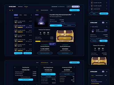 Game dashboard for P2E crypto game avalanche chest crypto dashboard design game keys nft nftreasure p 2 e p2e play to earn reward ui upgrades ux web3