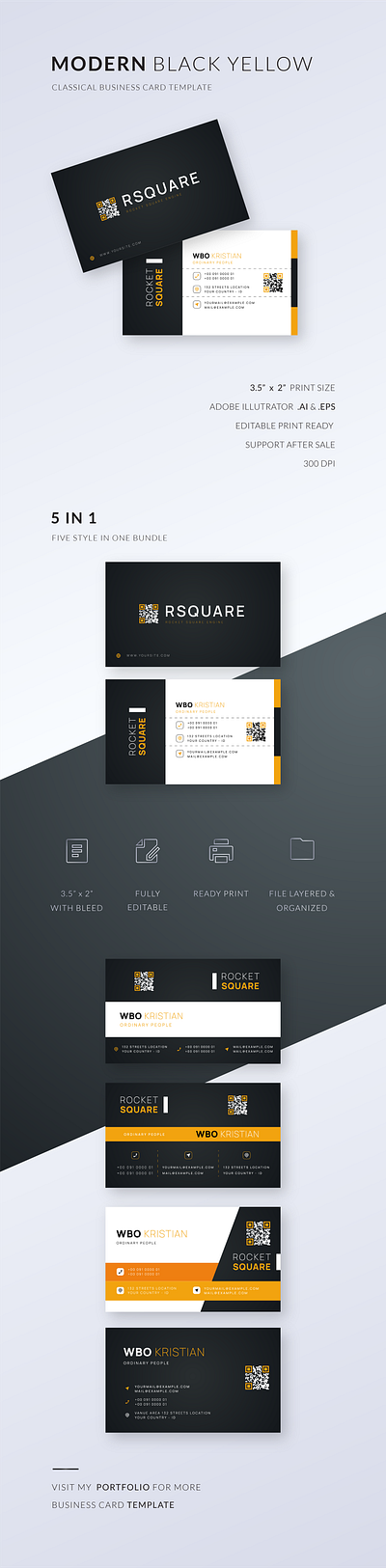 MODERN BLACK YELLOW BUSINESS CARD TEMPLATE black black yellow branding business business card business card vector card dark editable editable business card graphic design horizontal logo modern professional qr code qr code business card stylish vector yellow