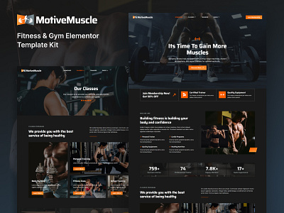 MotiveMuscle for Fitness and Gym Enthusiasts aerobic bodybuilding crossfit dark theme drag and drop elementor exercise fitness fitness studio gym gymnasium martial arts muscle sports template kit trainer training weight lifting wordpress workout