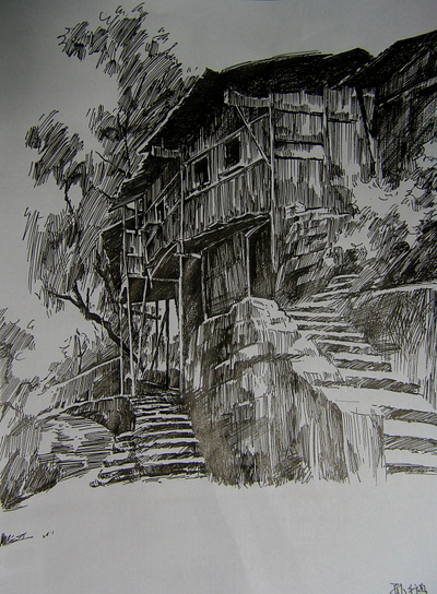 Pen Drawing - Bamboo House graphic design hand drawing