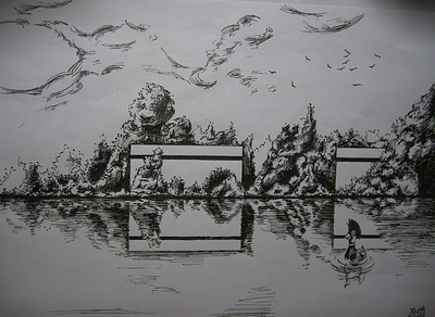 Pen Drawing - Trees and Lake graphic design hand drawing