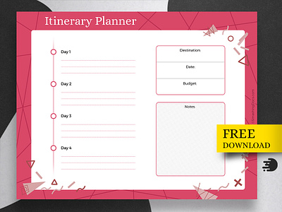 4-Day Trip Itinerary Planner Template colorful design free freebie itinerary pdf pink planner printable template